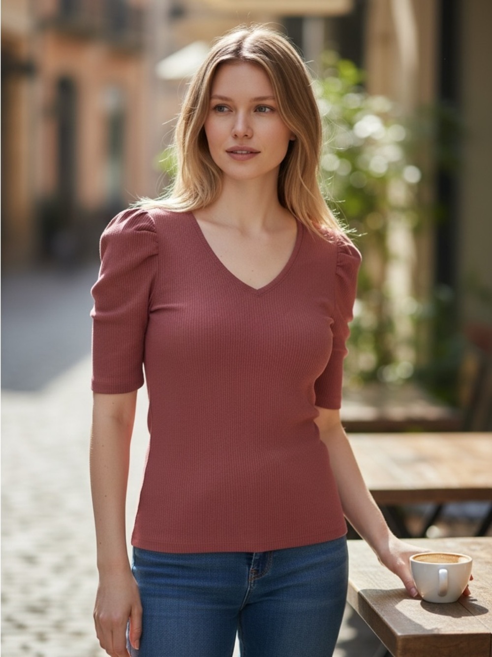 Revolve Nation LTD Nancy Ribbed V-Neck Puff Sleeve Top